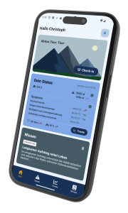 Smartphone mockup of an iPhone displaying the HAMIX app interface, showing a high-altitude medicine dashboard with a blue mountain graphic and data charts.